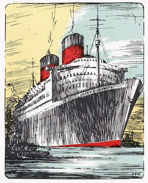 Painting of the RMS QE, Cunard Line RMS Queen Elizabeth First Class Passenger List - 18 June 1952.