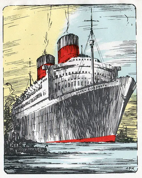 Painting of the RMS QE, Cunard Line RMS Queen Elizabeth Tourist Class Passenger List - 11 June 1953.