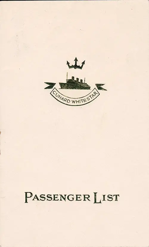 Front Cover of a Third Class Passenger List from the RMS Queen Mary of the Cunard Line, Departing 29 October 1938 from Southampton to New York via Cherbourg