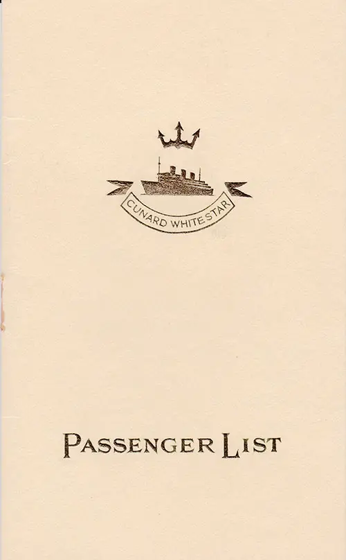 Front Cover of a Third Class Passenger List from the RMS Queen Mary of the Cunard Line, Departing 12 November 1938 from Southampton to New York via Cherbourg