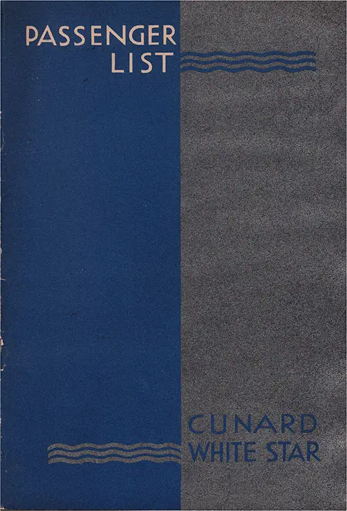 Front Cover, Cunard Line RMS Queen Mary Cabin Passenger List - 28 January 1950.