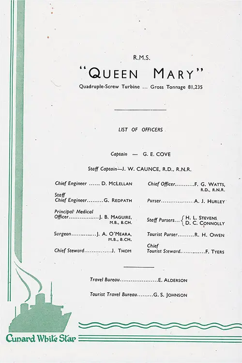 List of Officers, RMS Queen Mary, 8 February 1950.