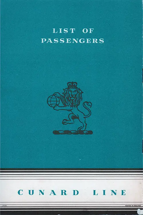 Back Cover, Cunard Line RMS Queen Mary Tourist Passenger List - 15 August 1951.