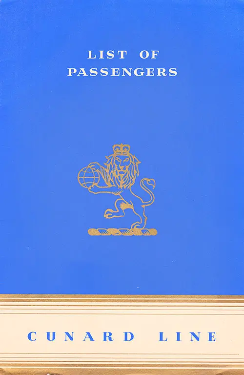 Front Cover of a Cabin Class Passenger List from the RMS Queen Mary of the Cunard Line, Departing 5 June 1952 from Southampton to New York via Cherbourg