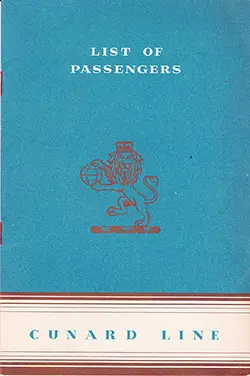 Front Cover of a Tourist Class Passenger List from the RMS Queen Mary of the Cunard Line, Departing 7 August 1952 from Southampton to New York via Cherbourg