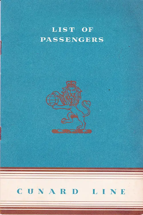 Front Cover of a Tourist Class Passenger List from the RMS Queen Mary of the Cunard Line, Departing 7 August 1952 from Southampton to New York via Cherbourg