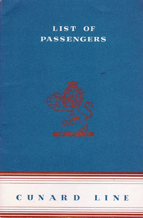 Front Cover of a Tourist Class Passenger List from the RMS Queen Mary of the Cunard Line, Departing 12 August 1953 from New York to Southampton via Cherbourg