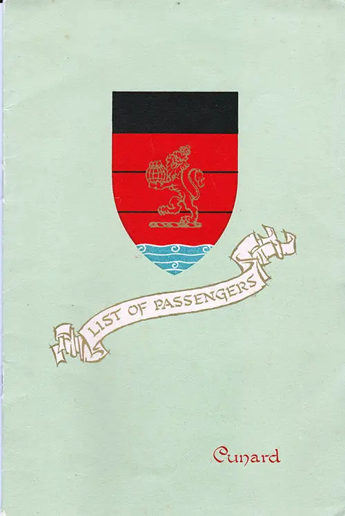 Front Cover of a Cabin Class Passenger List from the RMS Queen Mary of the Cunard Line, Departing 1 July 1954 from Southampton to New York via Cherbourg