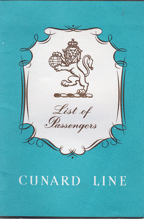 Front Cover of a Tourist Class Passenger List from the RMS Queen Mary of the Cunard Line, Departing 26 February 1960 from Southampton to New York via Cherbourg