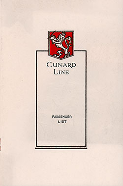 Front Cover, Cunard Line RMS Samaria Cabin and Tourist Class Passenger List - 29 August 1931.