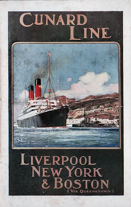 Front Cover of a Saloon Class Passenger List for the RMS Saxonia of the Cunard Line, Departing 27 July 1909 from Liverpool to Boston via Queenstown (Cobh)