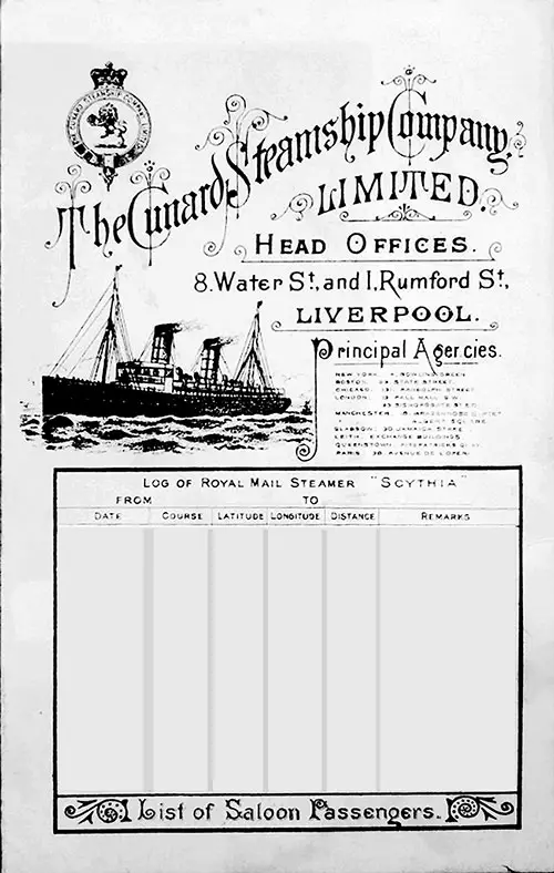 Front Cover of a Saloon Passenger List from the RMS Scythia of the Cunard Line, Departing 20 September 1898 from Liverpool to New York