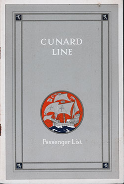 Front Cover, Cunard Line RMS Scythia Cabin Passenger List - 27 July 1929.