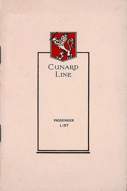 Front Cover, Cunard Line RMS Scythia Cabin Class Passenger List - 10 January 1931. 