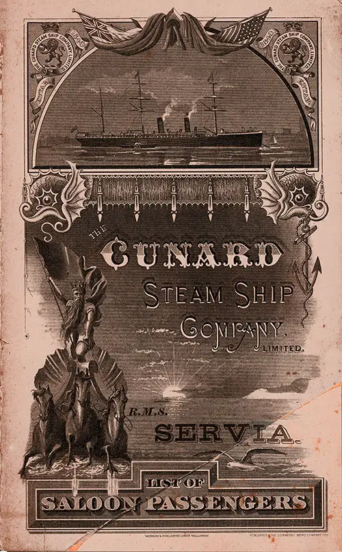 Front Cover of a Saloon Passenger List for the SS Servia of the Cunard Line, Departing Saturday, 18 June 1887 from New York to Liverpool