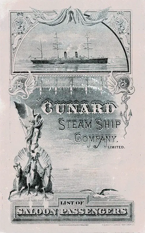 Front Cover of a Saloon Passenger List for the RMS Umbria of the Cunard Line, Departing Saturday, 16 August 1890 from Liverpool to New York.