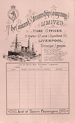 Passenger Manifest, Cunard Line, Umbria, Oct 1891