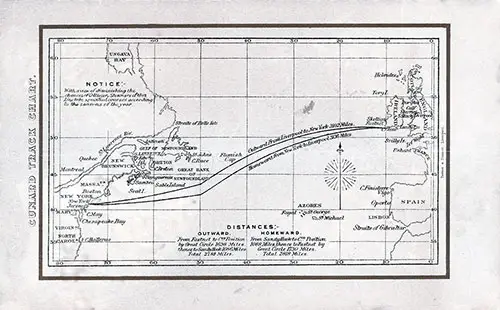 Cunard Track Chart With Outward and Homeward Distances, 1891.
