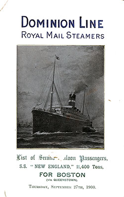 1900-09-27 Passenger Manifest for the SS New England