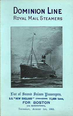 Front Cover, 1901-08-01 SS New England Passenger List