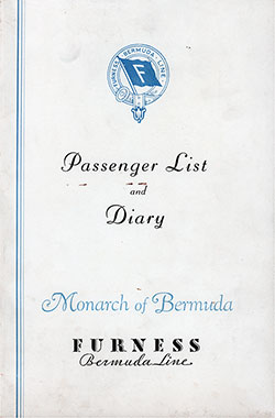 Front Cover, Furness Bermuda Line SS Monarch of Bermuda Cruise Passenger List - 17 September 1938.