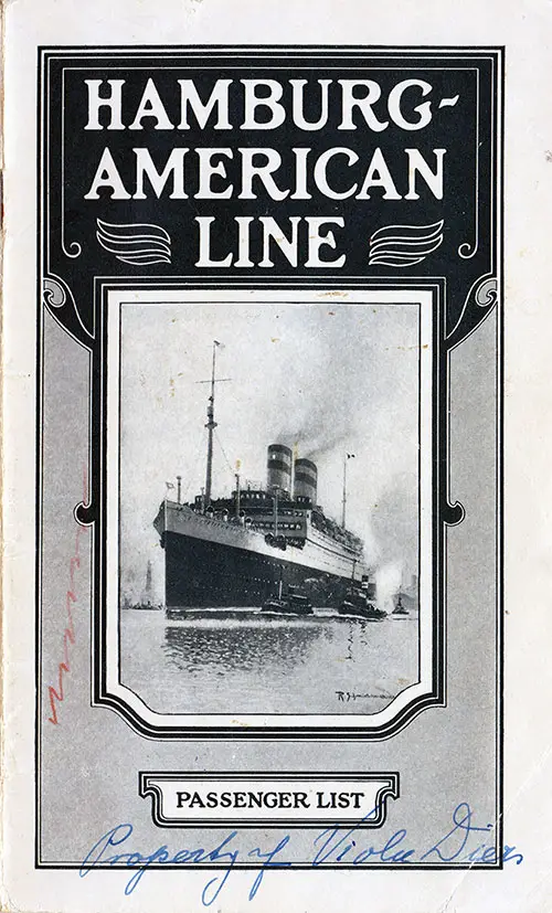 Front Cover of a Third Class Passenger List for the SS Albert Ballin of the Hamburg America Line, Departing 6 July 1927 from New York to Hamburg via Cherbourg and Southampton