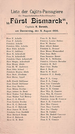 Passenger Manifest, Hamburg-Amerika Linie SS Fürst Bismarck, 1900, Hamburg, Germany to New York