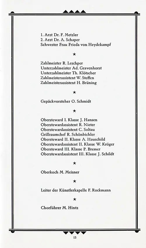 List of Senior Officers and Staff, Part 2 of 2, SS Hamburg Cabin Passenger List, 15 March 1929.