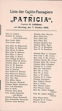 Passenger Manifest, North German Lloyd SS Patricia, Oct 1900