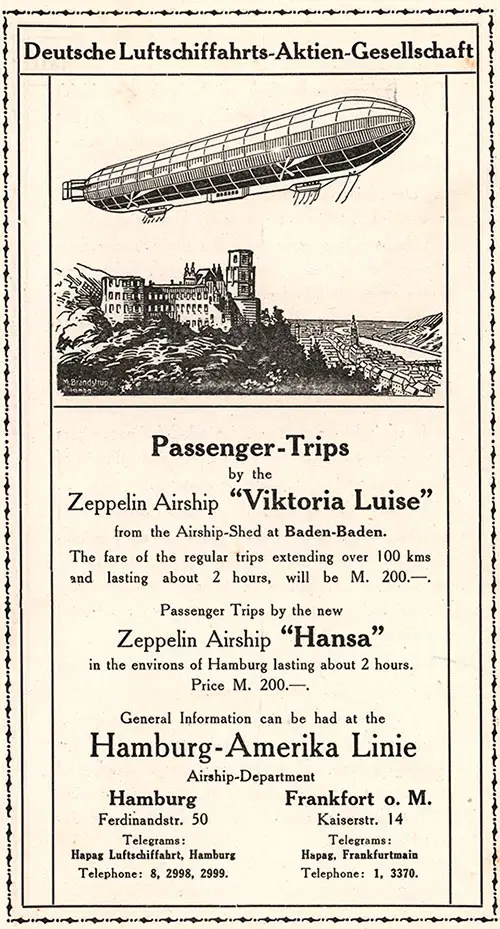 Advertisement for the Zeppelin Airships "Viktoria Luise" and "Hansa" of the Hamburg-American Line, 1912.