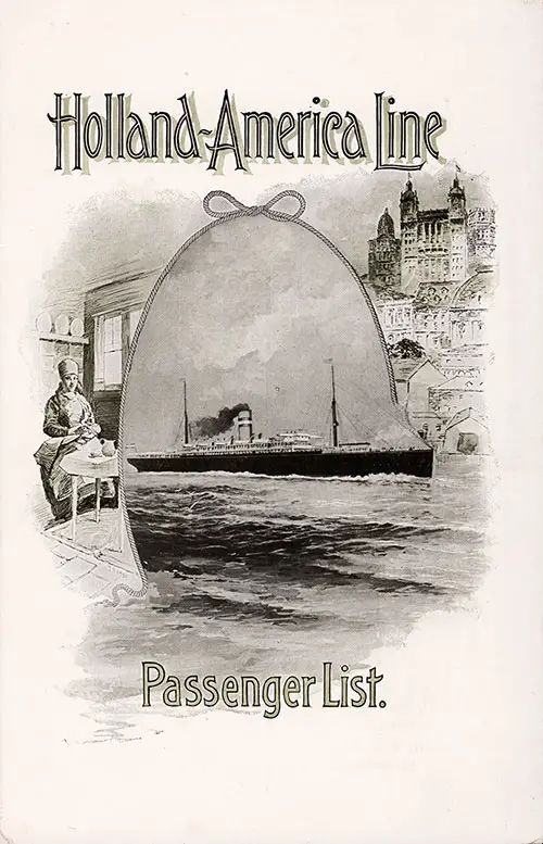 Front Cover of a Cabin Class Passenger List for the SS Rotterdam of the Holland-America Line, Departing 24 September 1904 from Rotterdam to New York via Boulogne-sur-Mer.