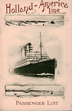 Front Cover of a Cabin Passenger List for the SS Ryndam of the Holland-America Line, Departing 12 September 1908 from Rotterdam to New York via Boulogne-sur-Mer