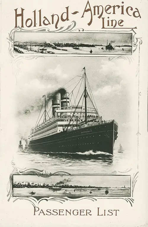 Front Cover of a Cabin Passenger List for the SS Statendam of the Holland-America Line, Departing 19 September 1908 from Rotterdam to New York via Boulogne-sur-Mer