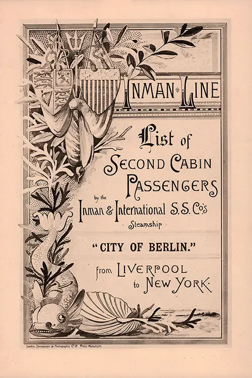 Front Cover of a Second Cabin Passenger List from the SS City of Berlin of the Inman Line, Departing 11 September 1889 from Liverpool to New York.