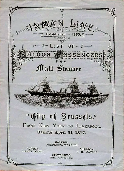Front Cover of a Saloon Class Passenger List from the SS City of Brussels of the Inman Line, Departing 21 April 1877 from New York to Liverpool.