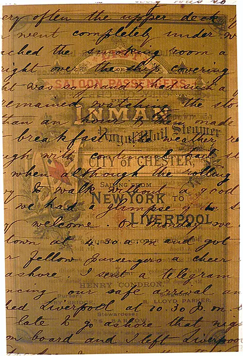 Front Cover, Inman Line SS City of Chester Saloon Passenger List - 25 October 1884.