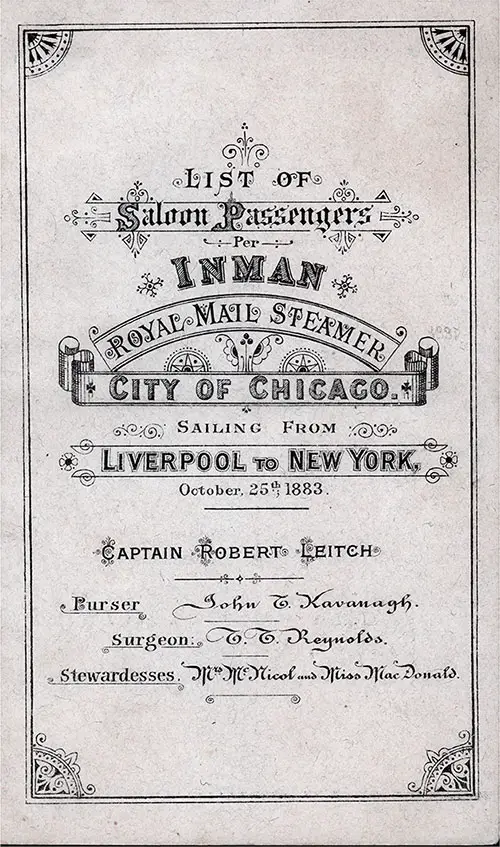 Front Cover of a Saloon Passenger List for the RMS City of Chicago of the Inman Line, Departing 25 October 1883 from Liverpool to New York.