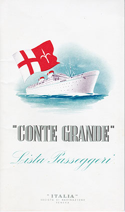 Front Cover of a First Class Passenger List from the SS Conte Grande of the Italia Line, Departing 30 March 1952 from Genoa to Buenos Aires via Villefranche, Barcelona, Dakar, Rio de Janeiro, Santos, and Montevideo