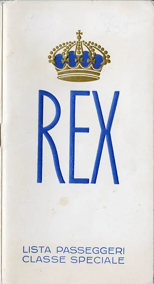 Front Cover - 13 September 1935 Passenger List, SS Rex, Italia Line