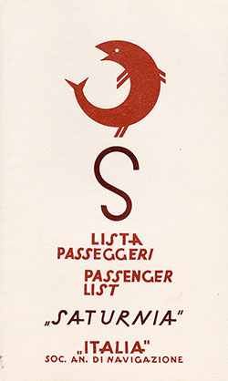 Front Cover of a Cabin Class Passenger List from the SS Saturnia of the Italia Soc. An. Di Navigazione, Departing 11 March 1952 from New York to Naples via Gibraltar, Barcelona, and Genoa