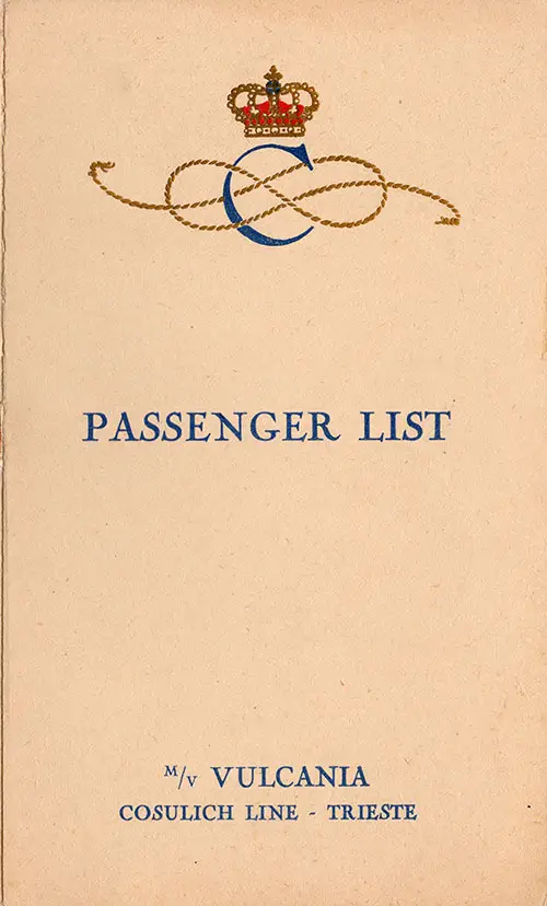 Front Cover - Passenger List, SS Vulcania, Cosulich Line, August 1930, Cannes to New York 