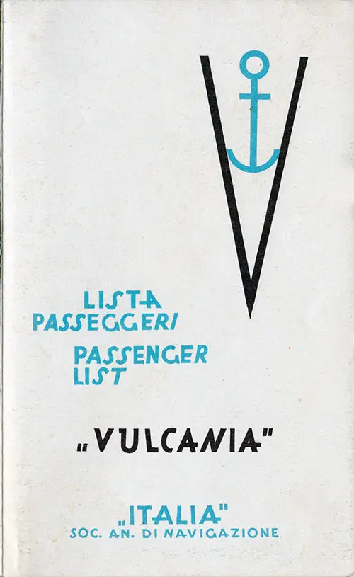 Passenger List, M.V. Vulcania, Italia Line, May 1951, Genoa to Halifax and New York 