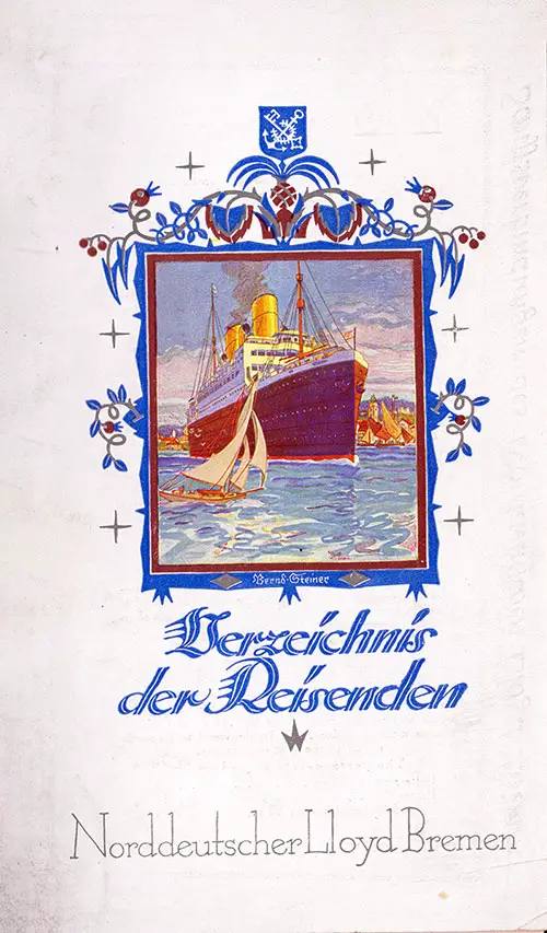 Front Cover of a Cabin Class Passenger List from the SS Bremen of the North German Lloyd, Departing 18 May 1927 from Bremen to New York via Halifax
