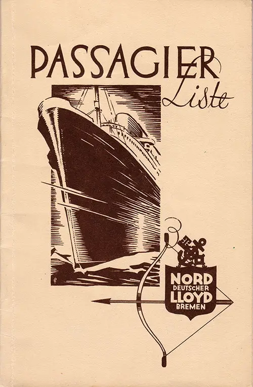 Front Cover of a Tourist Third Cabin and Third Class Passenger List from the SS Bremen of the North German Lloyd, Departing 15 September 1931 from Bremen to New York via Southampton and Cherbourg
