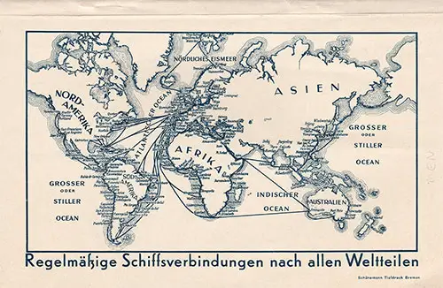 Track Chart on the Back Cover of a Tourist Third Cabin and Third Class Passenger List from the SS Bremen of the Norddeutscher Lloyd dated 12 April 1935.