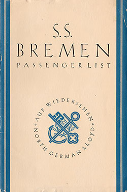 Front Cover of a Tourist Class Passenger List from the SS Bremen of the North German Lloyd, Departing 14 June 1936 from New York to Bremen via Cherbourg and Southampton