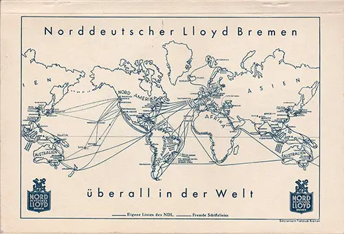 Track Chart on the Back Cover, North German Lloyd SS Bremen Tourist Third Cabin and Third Class Passenger List - 29 August 1936.