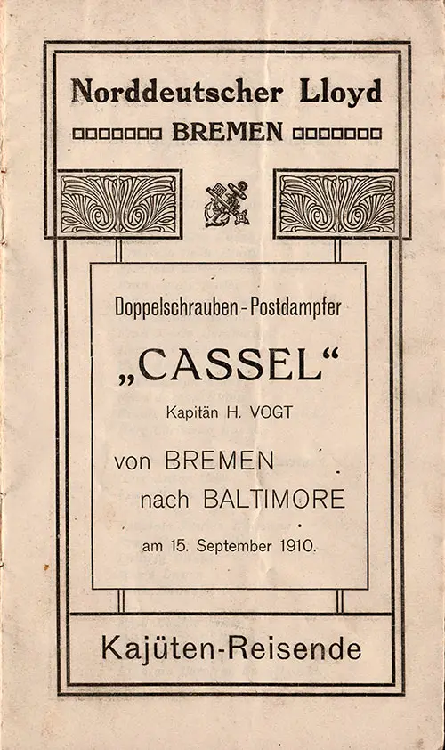 Title Page, SS Cassel Passenger List, 15 September 1910.