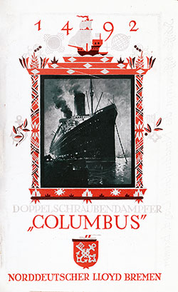 Front Cover of a First Class Passenger List from the SS Columbus of the North German Lloyd, Departing 29 May 1927 from Bremen to New York via Southampton and Cherbourg