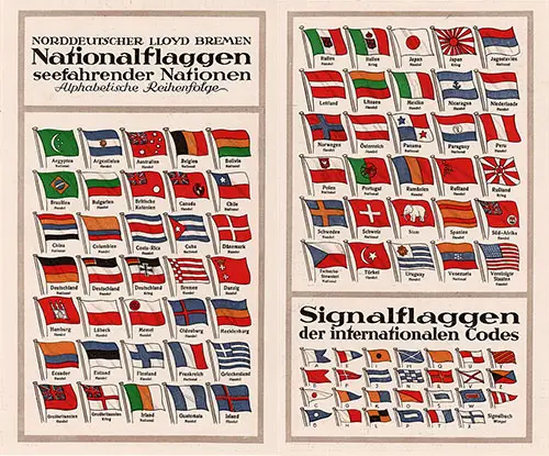 Left and Top Right: National Flags of Seafaring Nations in Alphabetical Order (In German); Bottom Right: International Codes Signal Flags (In German), 1928.